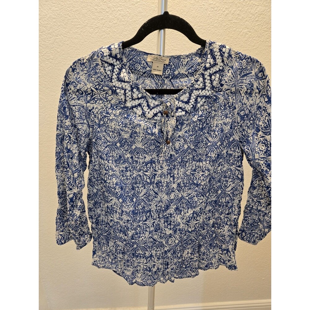 Lucky Brand Womens Medium M Boho Embroidered Print Blouse Top Blue White